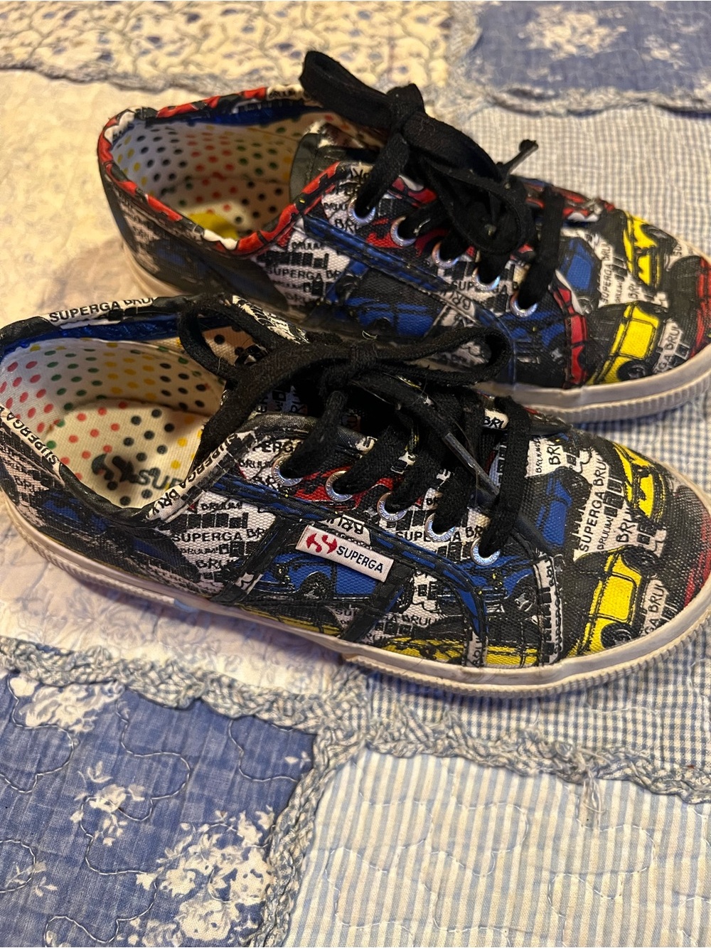 Superga Kids Black Blue Yellow Car-Print Canvas Sneakers